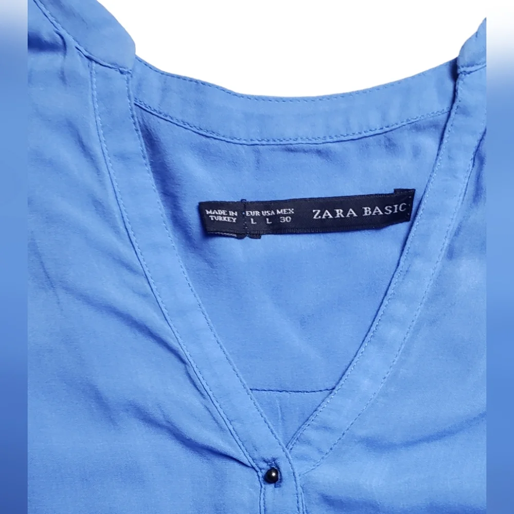 COPY - ⚪2/$20 Zara Henley Roll-Tab Sleeve Viscose Blouse Periwinkle Blue - Picture 3 of 9
